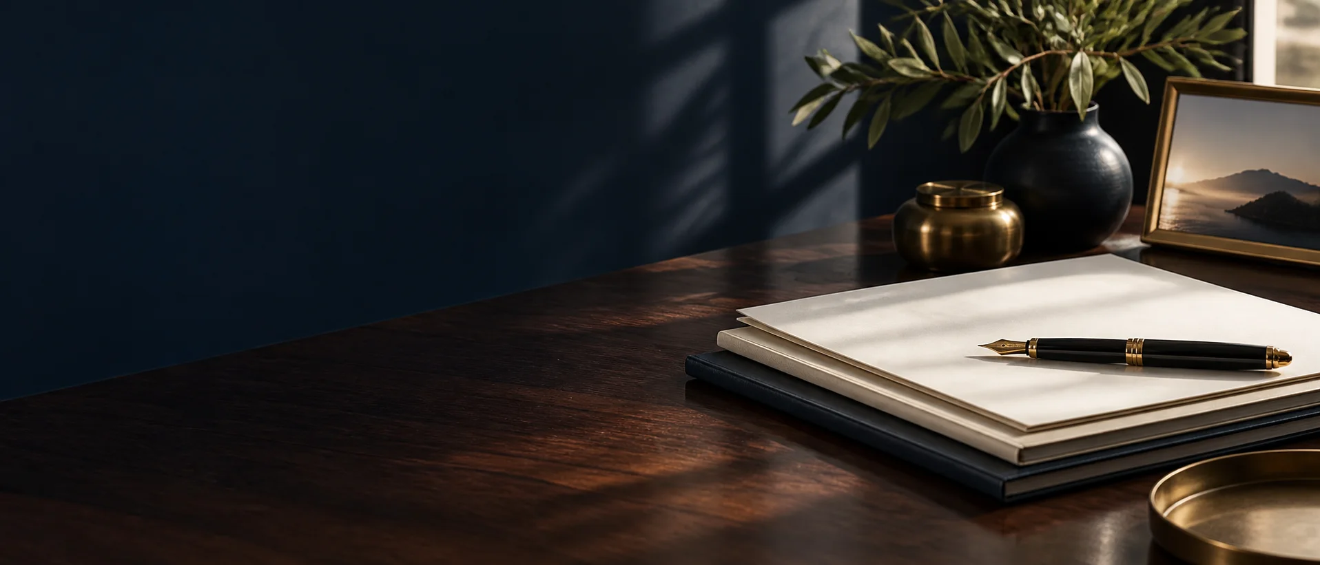 Mesa com documentos organizados e caneta, em composição ilustrativa
